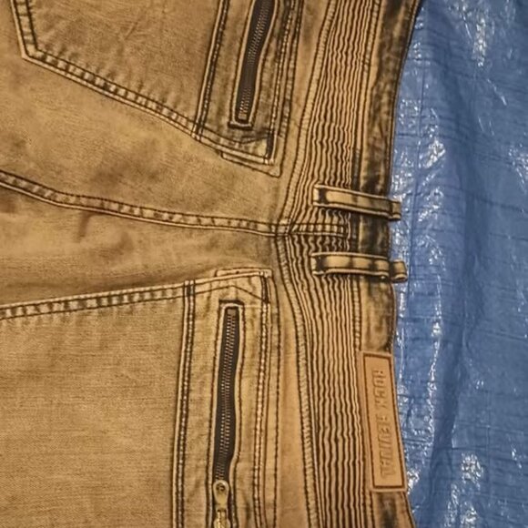 Rock Revival Moto Biker Tapered Faded Tan Leg Jeans “Elliot” Great Condition - Picture 10 of 11